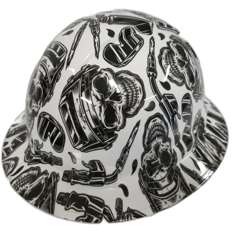 Welder Skull & Torch on White hard hat right side view
