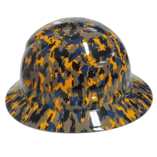 Orange Black And Blue Digital Camo Custom Hydro Dipped Full Brim Hard Hat - Right Side View