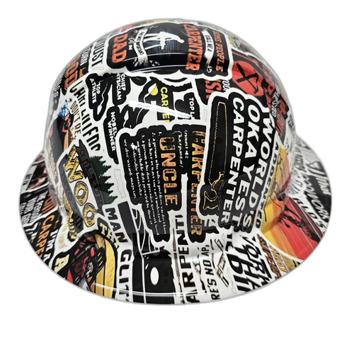 Carpenter Sticker Bomb Man Glitter Custom Hydro Dipped Full Brim Hard Hat - Right Side View