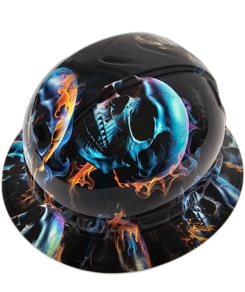 Realistic Flaming Skulls Custom Hydro Dipped Full Brim Hard Hat - Right Side View