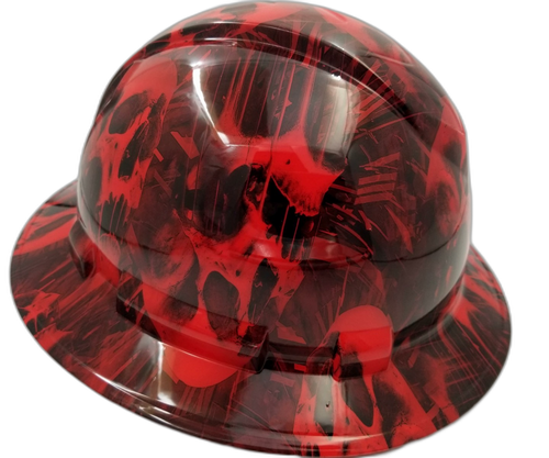 Red Melting Skull Wicked Custom Hydro Dipped Full Brim Hard Hat - Right Side View