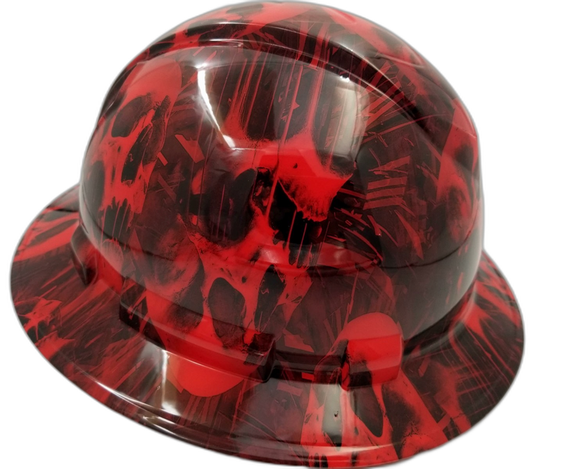 Red Melting Skulls on Black hard hat right side view