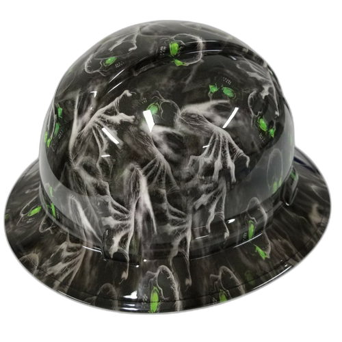 Green Eyed Creeper Skull Evil Custom Hydro Dipped Full Brim Hard Hat - Right Side View