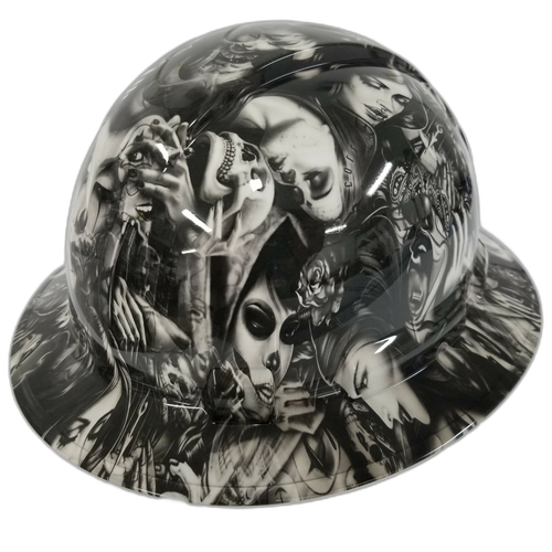 Day Of Dead Girls Tattoo Style Custom Hydro Dipped Full Brim Hard Hat - Right Side View