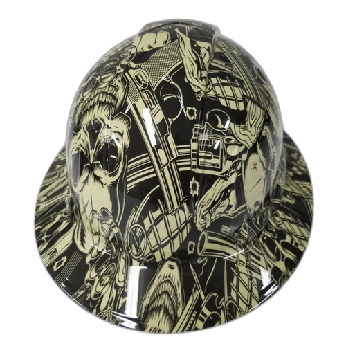 Old School Skulls And Mayhem Bone Custom Hydro Dipped Full Brim Hard Hat - Back View