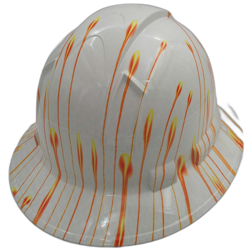 Orange Flame Wisps on White hard hat back view