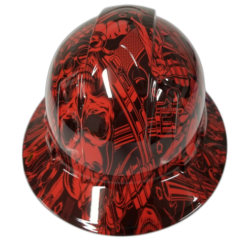 Old School Skulls And Mayhem Red Custom Hydro Dipped Full Brim Hard Hat - Back View