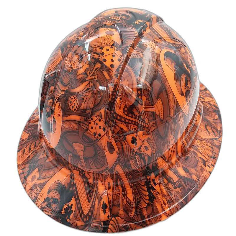 Orange Poker Skull & Cards hard hat back view