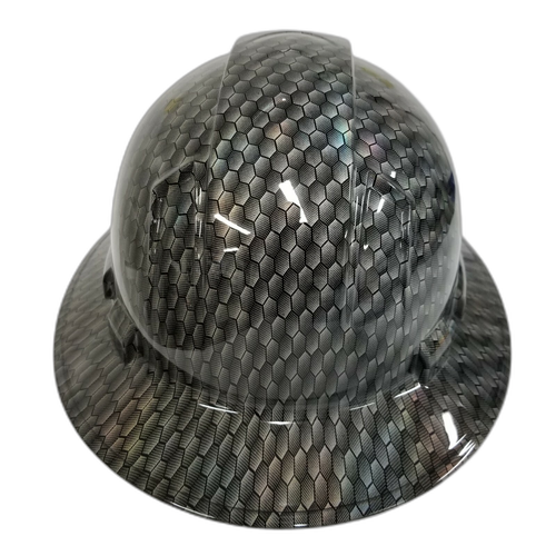 Black metal holographic hex weave Custom Hydro Dipped Full Brim Hard Hat - Back View
