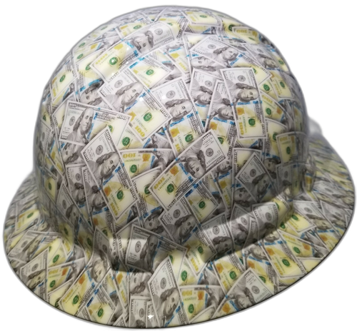 Big Face Hundred Dollar Bills Custom Hydro Dipped Full Brim Hard Hat - Back View