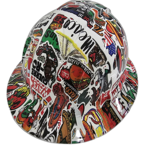 Mexican Sticker Bomb Cinco De Mayo Custom Hydro Dipped Full Brim Hard Hat - Back View