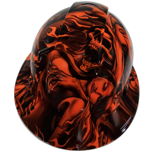 Hi Vis Orange Soul Reaper Custom Hydro Dipped Full Brim Hard Hat - Back View