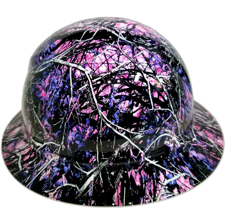 Pink Purple Woodland Camo hard hat back view