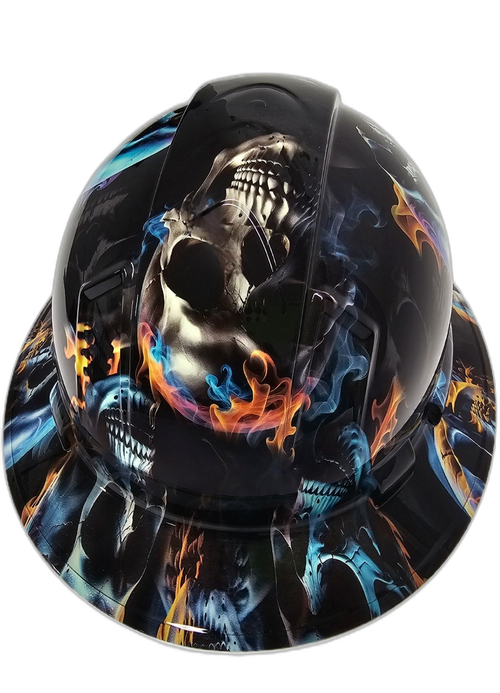 Realistic Flaming Skulls Custom Hydro Dipped Full Brim Hard Hat - Back View