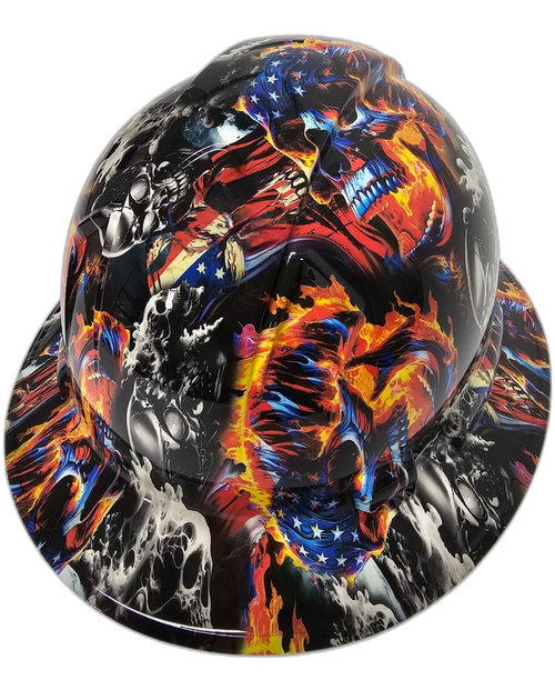 American Flaming Skulls Till Death Custom Hydro Dipped Full Brim Hard Hat - Back View
