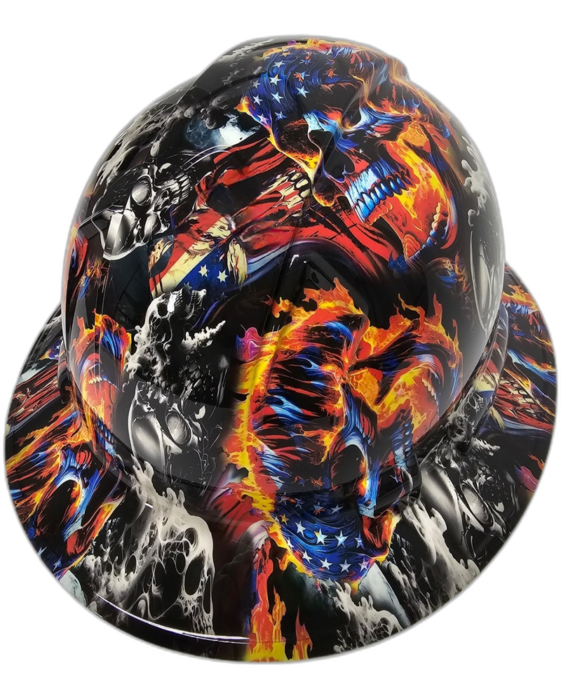 American Flag Flaming Skulls hard hat back view