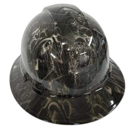 Top Hat Spider Web Skulls Custom Hydro Dipped Full Brim Hard Hat - Back View