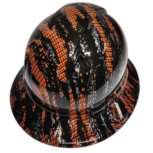 Orange Urban Camo Carbon Fiber Custom Hydro Dipped Full Brim Hard Hat - Back View