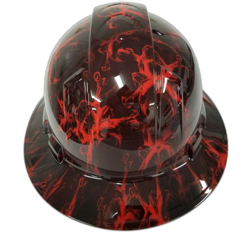 Red Flame Skulls on Black hard hat back view