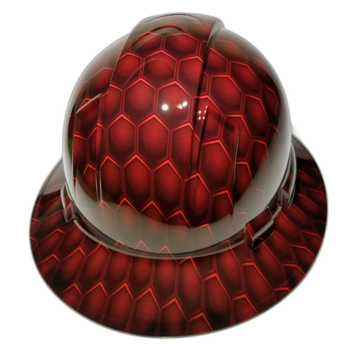 3D Red Hex Carbon Deep 3D Effects Custom Hydro Dipped Full Brim Hard Hat - Back View
