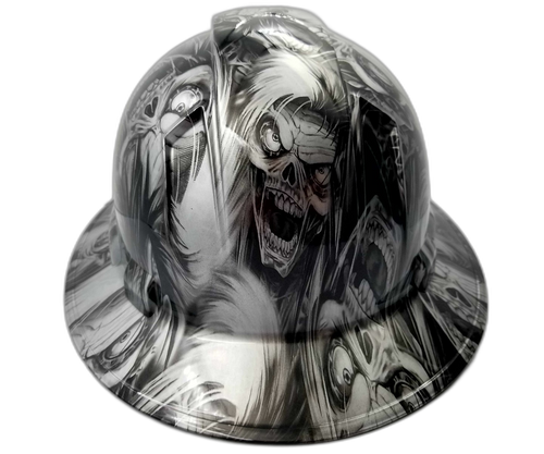 Silver N Black Cyborg Skull Custom Hydro Dipped Full Brim Hard Hat - Back View