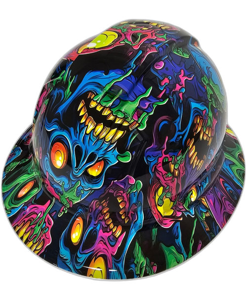 Neon Psycho Zombies Custom Hydro Dipped Full Brim Hard Hat - Back View
