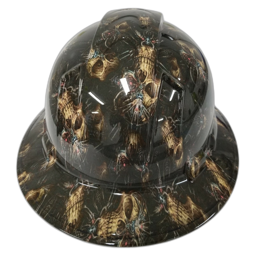 Cyborg Skull Mechanical Custom Hydro Dipped Full Brim Hard Hat - Back View