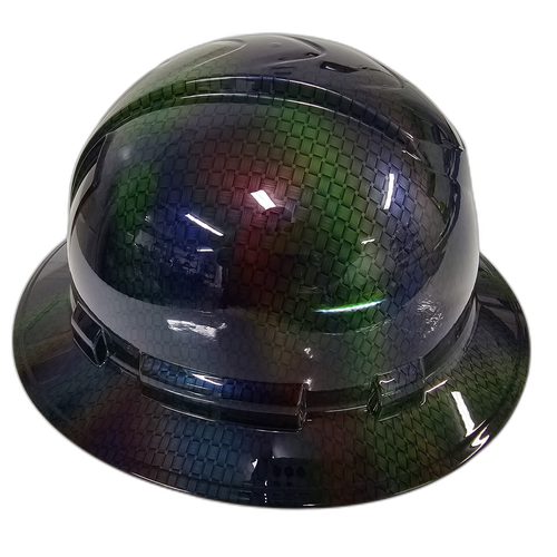 Multi Color Basket Weave Carbon Fiber Custom Hydro Dipped Full Brim Hard Hat - Back View