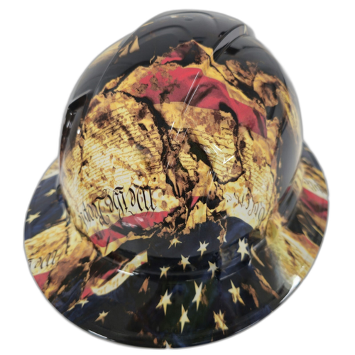 Battle Worn Tattered And Torn USA Flag Custom Hydro Dipped Full Brim Hard Hat - Back View