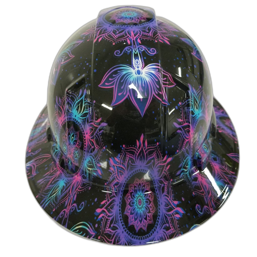 Lotus Flower Neon Color Custom Hydro Dipped Full Brim Hard Hat - Back View