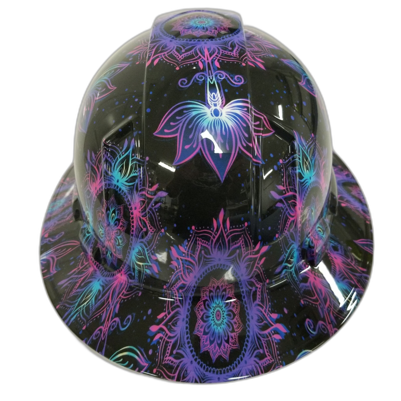 Neon Lotus Flower Mandala hard hat back view