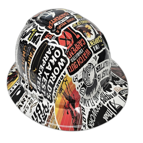 Carpenter Sticker Bomb Man Glitter Custom Hydro Dipped Full Brim Hard Hat - Back View