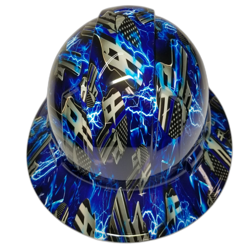 Blue Line Ice Skulls Blue Lightning Custom Hydro Dipped Full Brim Hard Hat - Back View