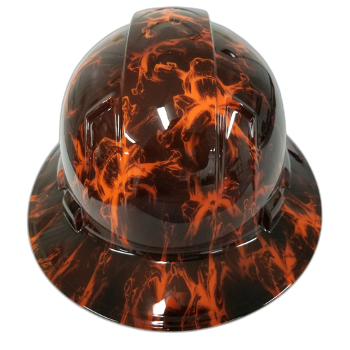 Black And Hi Vis Orange Skulls Custom Hydro Dipped Full Brim Hard Hat - Back View