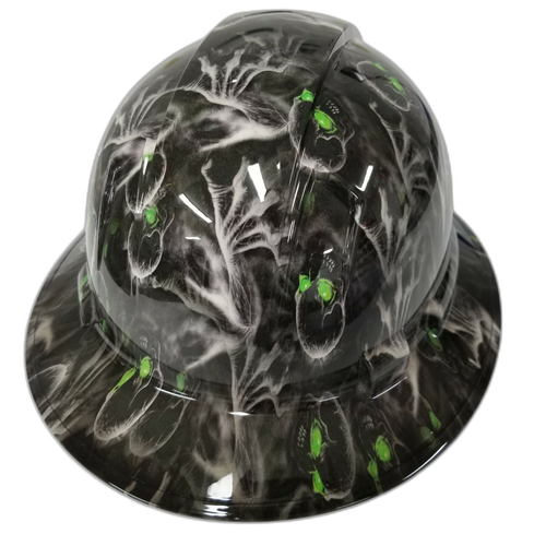 Green Eyed Creeper Skull Evil Custom Hydro Dipped Full Brim Hard Hat - Back View