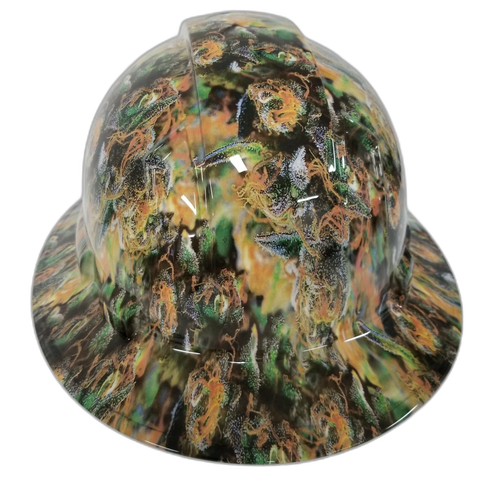 420 WEED HEAD realistic kush Custom Hydro Dipped Full Brim Hard Hat - Back View