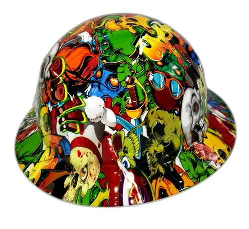 Skull Sticker Bomb Custom Hydro Dipped Full Brim Hard Hat - Back View