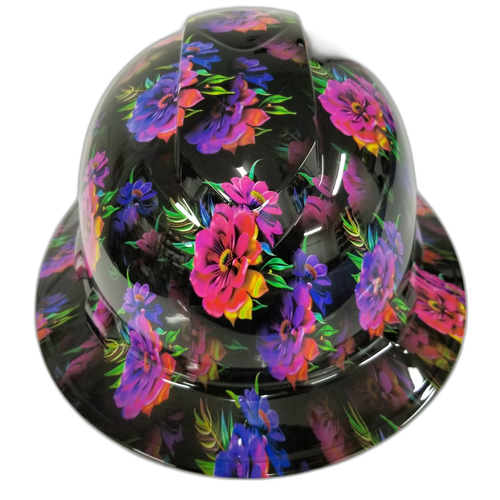Neon Flowers Great Color Custom Hydro Dipped Full Brim Hard Hat - Right Side View
