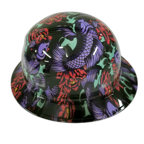 Japanese Koi Fish Tattoo Art Custom Hydro Dipped Full Brim Hard Hat - Back View