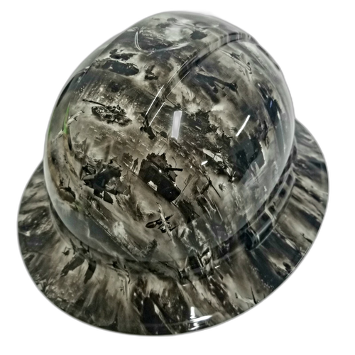 War Machine Camo Tanks Planes Ships Custom Hydro Dipped Full Brim Hard Hat - Back View