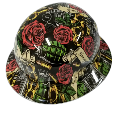 Hustle Hard Knuckles Roses Custom Hydro Dipped Full Brim Hard Hat - Back View