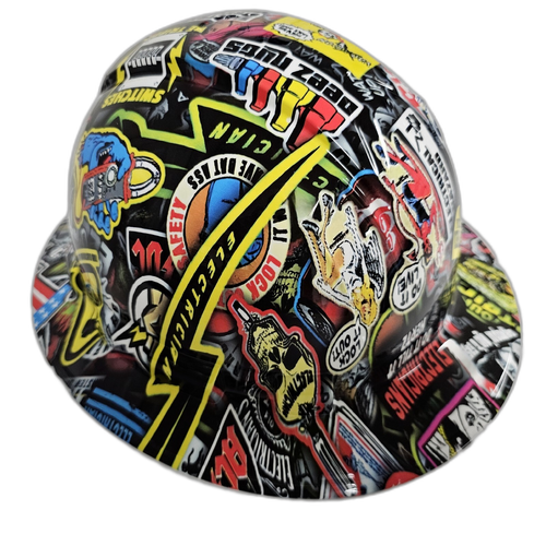 Electrician Extreme Sticker Bomb Custom Hydro Dipped Full Brim Hard Hat - Back View