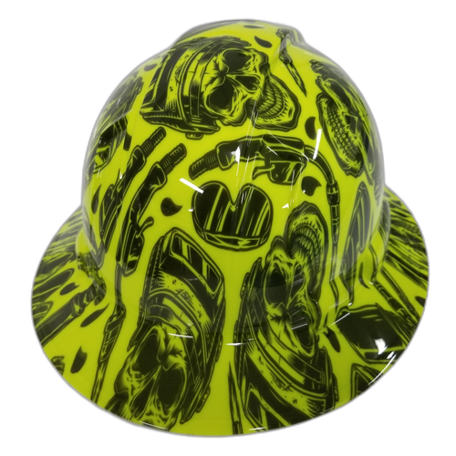 Hi Vis Lime Welder Welder Up Custom Hydro Dipped Full Brim Hard Hat - Back View
