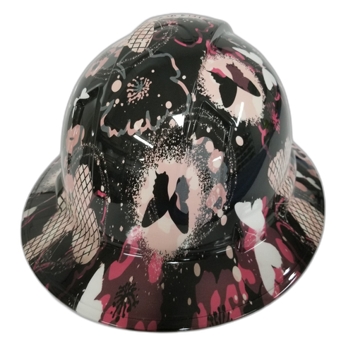 Pink Abstract Butterflies Custom Hydro Dipped Full Brim Hard Hat - Back View