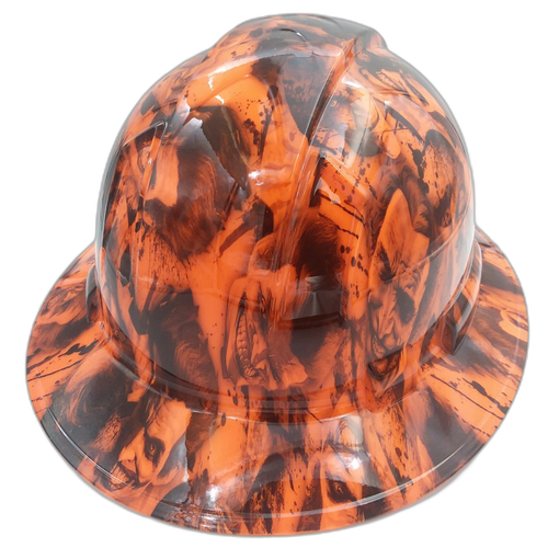 Sinister Orange Skull Custom Hydro Dipped Full Brim Hard Hat - Back View