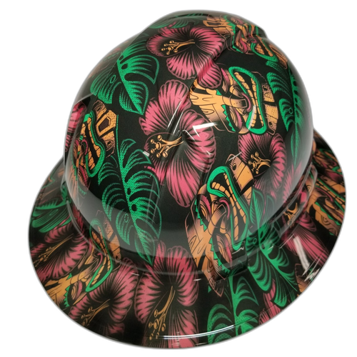 Tiki Masks Polynesian Hawaiian Aloha Custom Hydro Dipped Full Brim Hard Hat - Back View