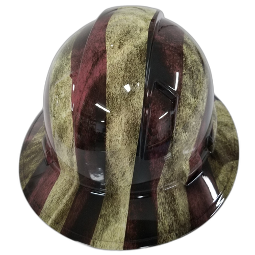 Old Glory USA Flag Grunge American Fla Custom Hydro Dipped Full Brim Hard Hat - Back View