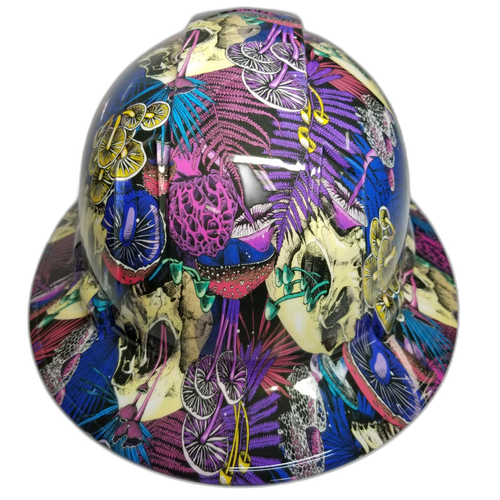 Have A Nice Trip Mushrooms Skulls Custom Hydro Dipped Full Brim Hard Hat - Back View
