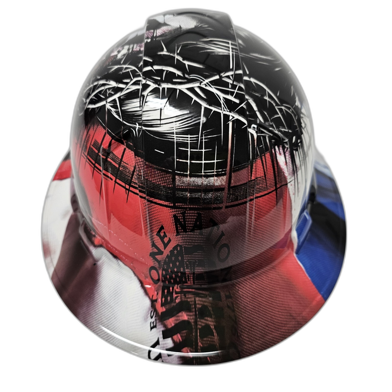 Jesus Crown of Thorns Flag hard hat back view