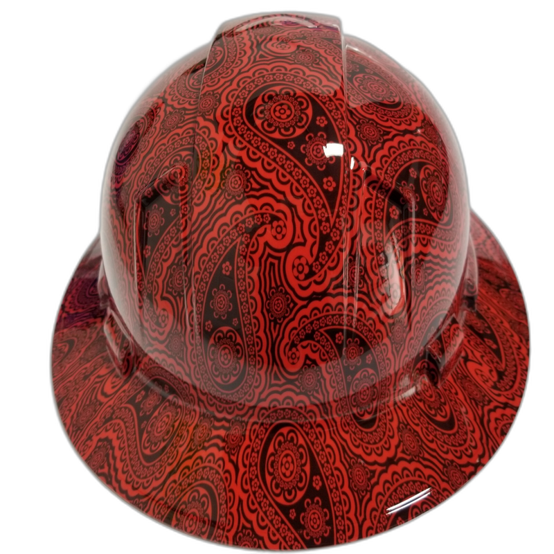Red Bandana Paisley Print hard hat back view